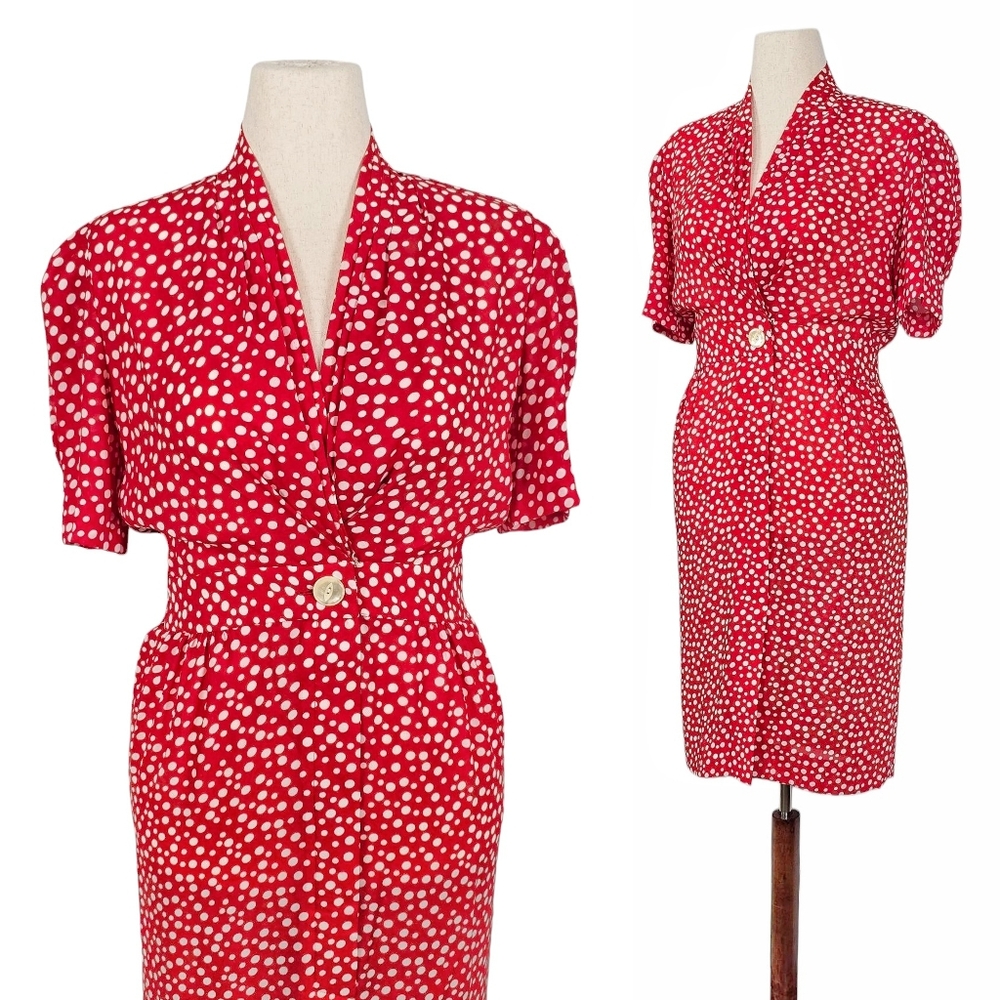1980s Vintage Dress 80s Polka Dot M/L Red White Blouson Medium V Neck Leslie Fay